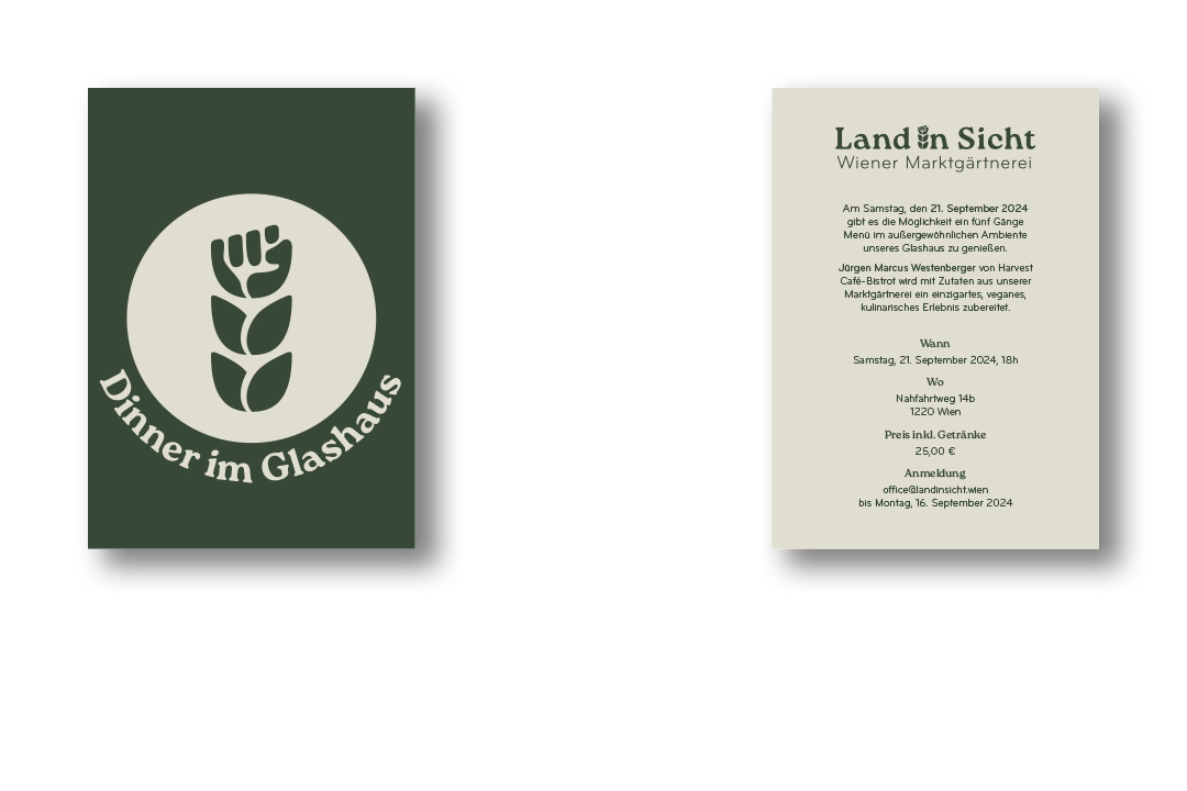 This image shows the front and back of a fictitious invitation for Dinner im Glashaus organised by Land in Sicht. The front shows the logo of Land in Sicht in a circle.