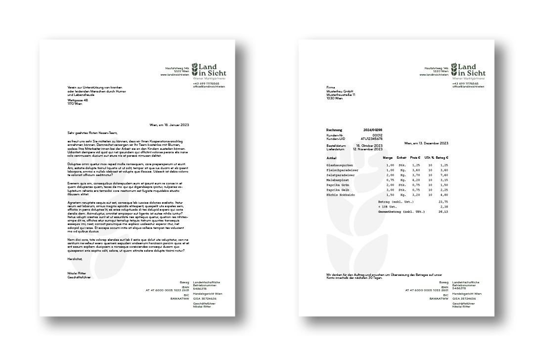 A mock-up of letterheads for Land in Sicht. On the left side is a letter with text and on the right side is an invoice of Land in Sicht.