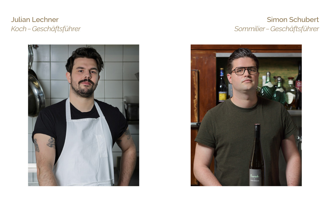 An image showing a spread of a cook book designed by Koen Smet for the Viennese restaurant Reznicek. The spread shows the two owners of the restaurant. On the left side is a portrait photography of the cook, Julian Lechner. On the right side is a portrait photography of the sommilier, Simon Schubert.