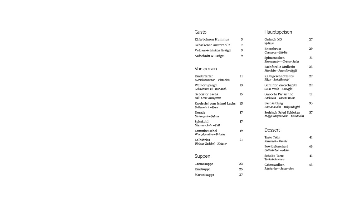 An image showing a spread of a cook book designed by Koen Smet for the Viennese restaurant Reznicek. The spread shows on the right side the table of content. The left page is empty.