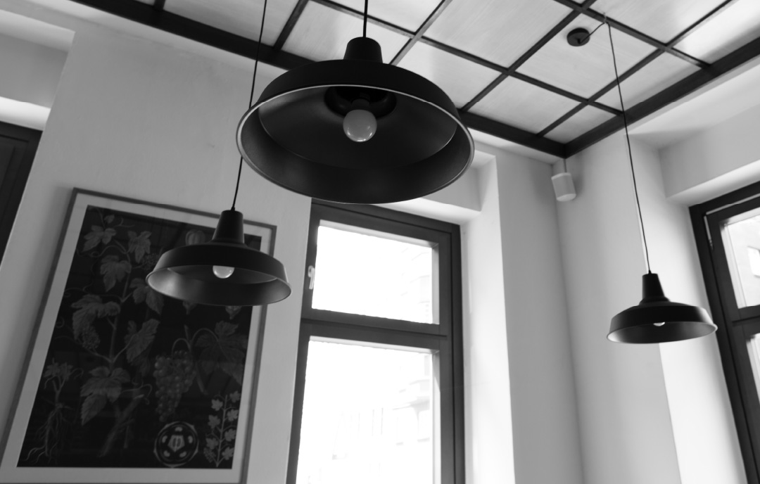 Black-and-white photography of the interior of the Reznicek restaurant in Vienna. Next to three lamps hanging prominently from the ceiling, there is a poster about wine grapes on the wall. The view point is tilted upwards, therefore a part of the ceiling is visible. This picture is used as back end-paper of a cook book designed by Koen Smet for Reznicek.