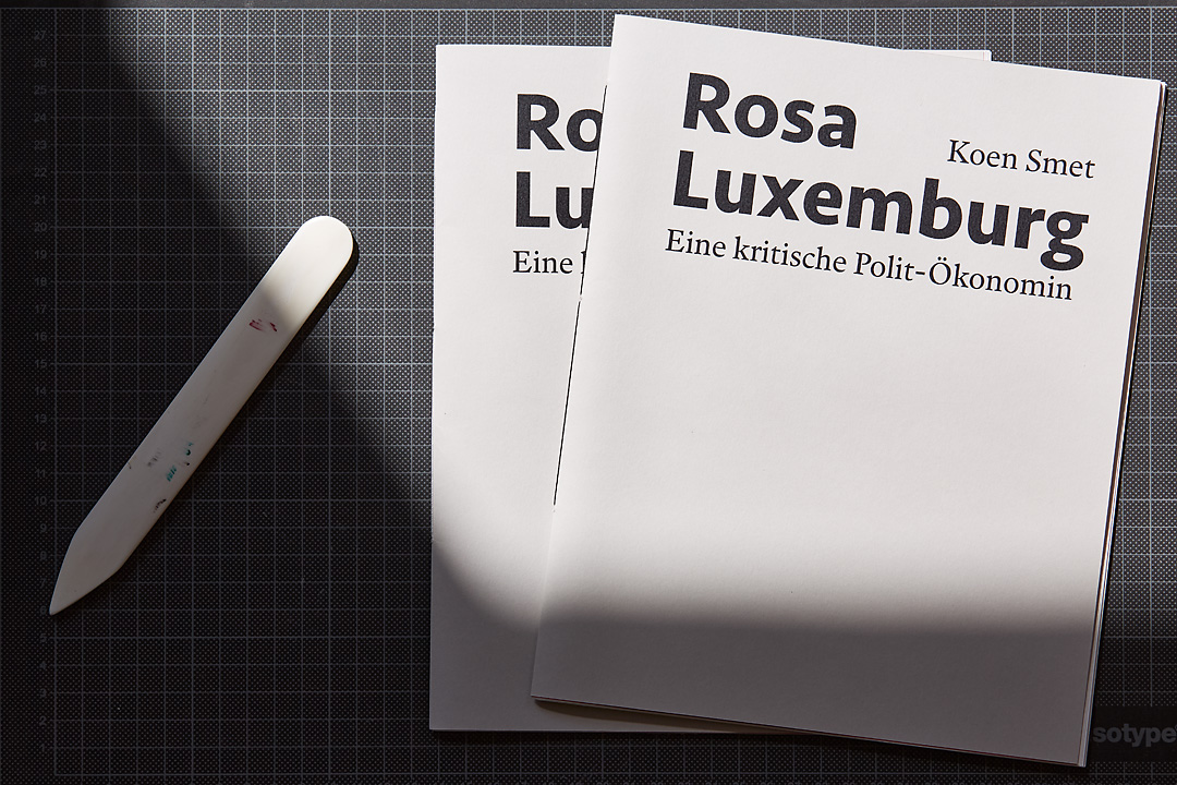 Photography of two brochures on Rosa Luxemburg by Koen Smet fanned out on a cutting board and positioned on the right side of a folding stick.