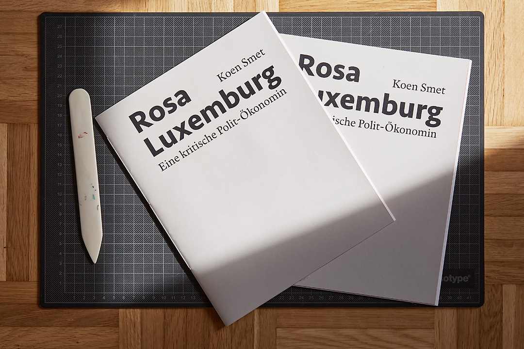 Photography of two brochures on Rosa Luxemburg by Koen Smet fanned out on a cutting board and positioned on the right side of a folding stick.