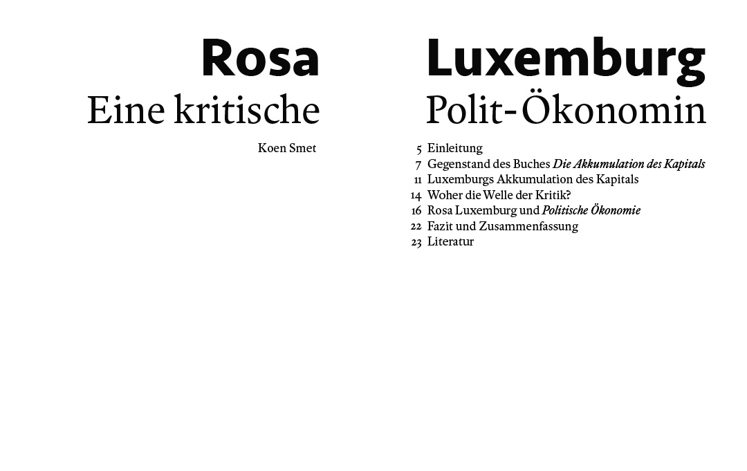 The title page of a brochure on Rosa Luxemburg by Koen Smet. The image shows the double sided, asymmetric design of the title page, which also includes a table of content.