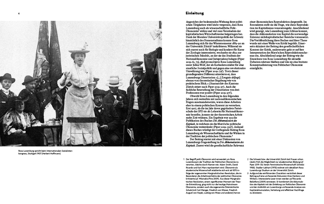 A image showing one spread of a brochure on Rosa Luxemburg by Koen Smet. The spread clearly shows the design and the use of type area. It includes an image of Rosa Luxemburg, an image legend, text, title and footnotes.