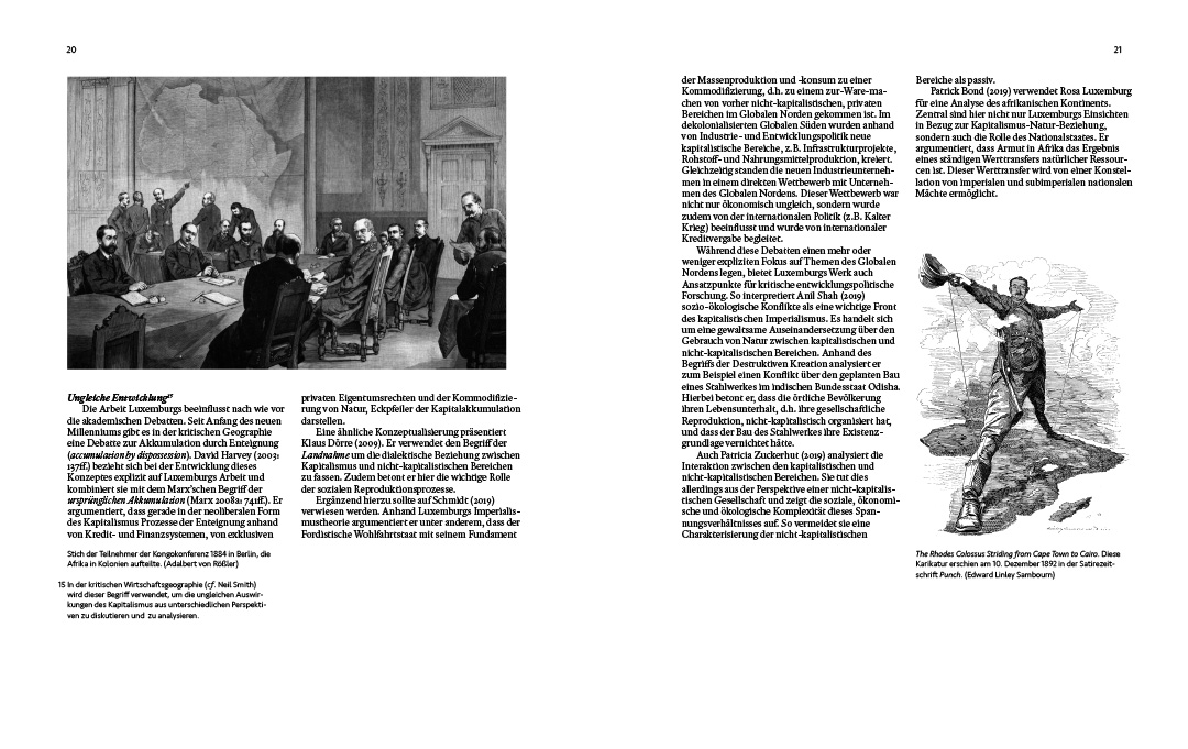 A image showing one spread of a brochure on Rosa Luxemburg by Koen Smet. The spread clearly shows the design and the use of type area. It includes two images, image legends, text, title and footnotes.